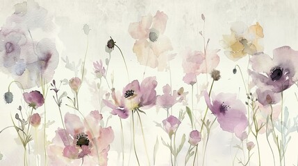 Watercolor Style Floral Elements: Botanical Background or Wallpaper Design with Delicate Flowers in Artistic Brushstroke Pattern