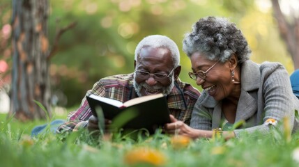 Fototapeta premium Happy senior married couple lying on the grass, smiling, talking. Husband reading a book and wife using a digital tablet.