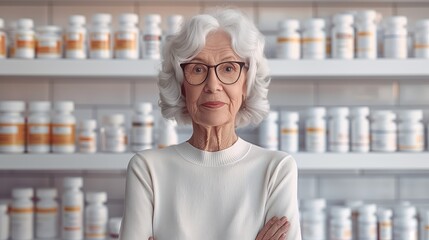 An elderly woman stands with her arms crossed in front of a shelf stocked with numerous pill bottles, symbolizing the concept of healthcare and medication management for seniors.