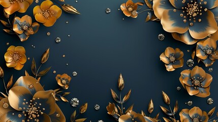 Luxurious Gold Flowers and Sparkling Diamonds on Elegant Dark Blue Background - Generative AI Design