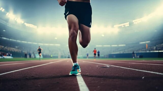 Athlete running on track. slow motion runner at the start close-up in at the stadium professional runner athletic 4k video sports