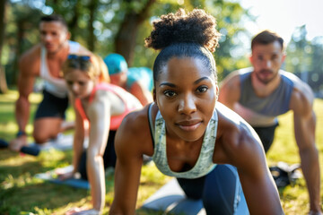 Athletes of different backgrounds practice yoga in a park led by an instructor on a sunny day. Smiling and focused, they stretch and balance on colorful mats