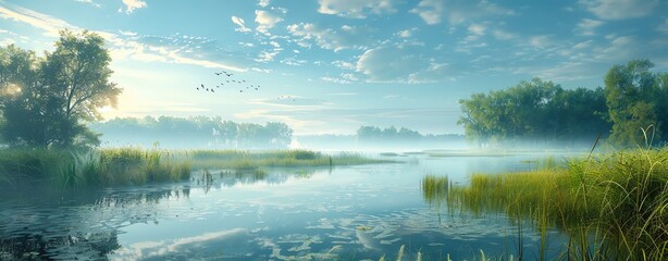 Fototapeta premium Promote the protection of wetlands with a serene marshland full of life