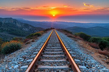 Railroad tracks through a beautiful mountainous landscape at sunset