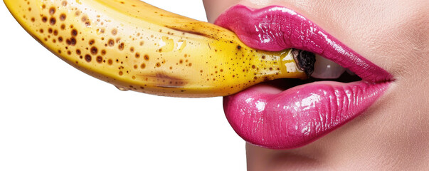 Obraz premium The hot photo of girl lower face going to lick a banana she holds. Transparent background or PNG file.