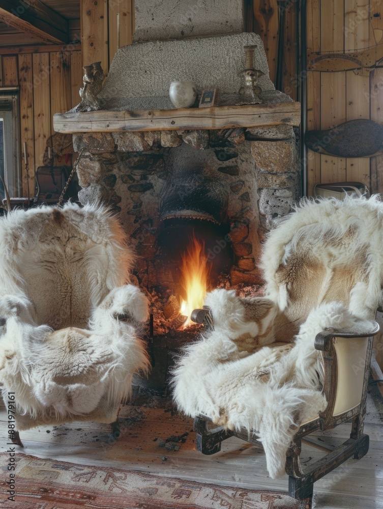 Wall mural Two Sheepskin Chairs by Fireplace