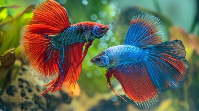 Photo of male and female Siamese fighting fish (betta imbellis).