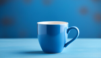 Obraz premium Blue ceramic cup against blue backdrop. Drink ware. Mug for hot beverage. Mock-up.
