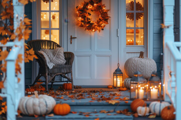 Obraz premium Rocking chair and lanterns are sitting on a porch decorated with pumpkins and fall leaves
