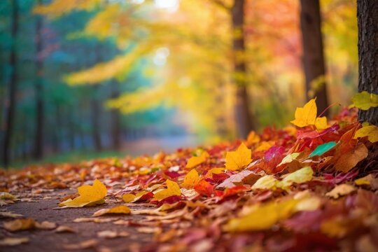 Path covered fallen leaves in colorful forest classic golden autumn scenery