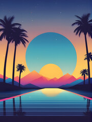 Fototapeta premium Sunset landscape illustration in pink and blue colors