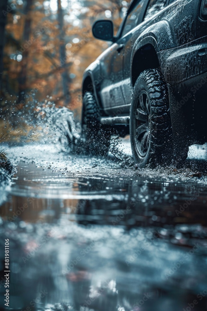 Poster truck in puddle