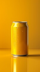 mockup for a tin can with a drink on a minimalist bright background. copy space. yellow can on yellow background