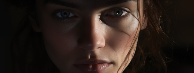 Close-up Portrait of a Woman with Hazel Eyes in Low Light