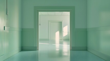 Fototapeta premium Empty white room seen through green doorway in modern hospital. 