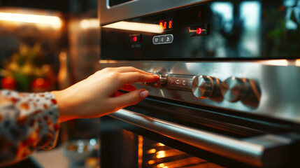 Close-up of a person adjusting the settings on a modern oven