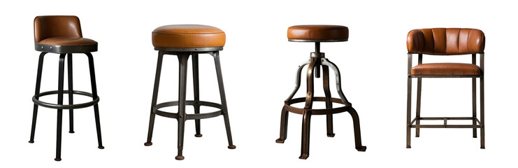 Set of various vintage industrial bar stools with leather seats isolated on transparent background. Generative AI	