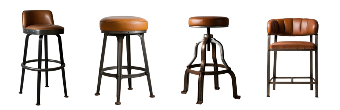 Set of various vintage industrial bar stools with leather seats isolated on transparent background. Generative AI	