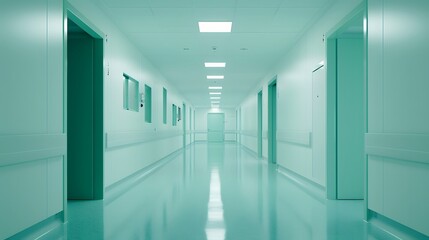 Obraz premium Empty white room seen through green doorway in modern hospital. 