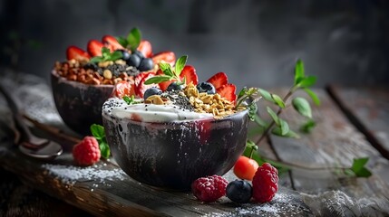 Artfully Crafted Smoothie Bowl with Acai Coconut Yogurt and Granola on Rustic Wooden Table
