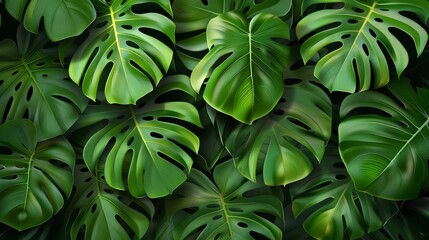 Obraz premium Green Monstera Deliciosa Leaves Background Vector - Tropical Nature Leaf Wallpaper Design