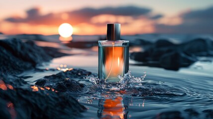 Product photography scene with a bottle of Green perfume placed on a dark grey rocky water surface  " ai generated "
