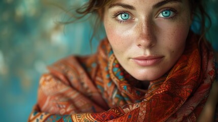 Woman with blue eyes wearing a patterned scarf