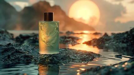 Product photography scene with a bottle of Green perfume placed on a dark grey rocky water surface  " ai generated "
