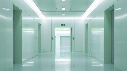 Empty white room seen through green doorway in modern hospital. 