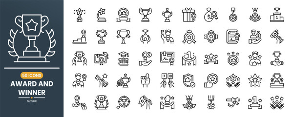 Award and Winner vector line icon set. Contains linear outline icons like Trophy, Medal, Champion, Celebration, Prize, Rank, Cup, Reward, Certification, Ribbon, Top, Success . Editable use and stroke.