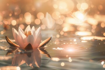 ethereal lotus flower floating on tranquil water soft peach bokeh background