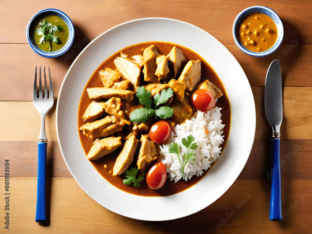 Canvas Prints chicken curry with rice. chicken curry served with rice and curry chicken, served on a plate on the background.