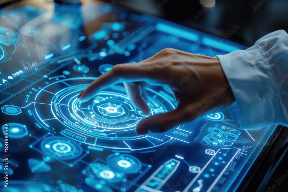 Poster scientist is touching a holographic interface on a transparent screen, interacting with data and inf