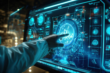 Scientist using a futuristic computer interface with a hologram of the planet earth, working in a dark laboratory