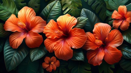 Orange Hibiscus Flowers Amidst Lush Green Foliage