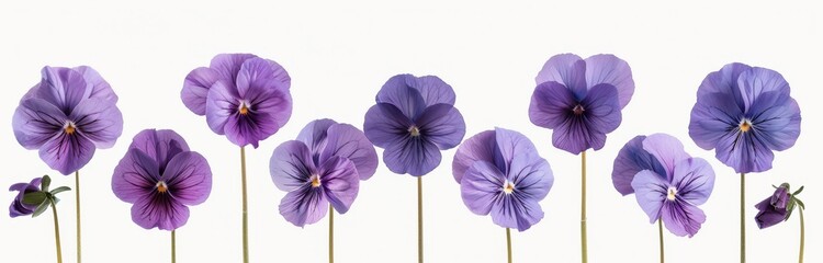 Obraz premium A Row of Purple Pansies Blooming on a White Background