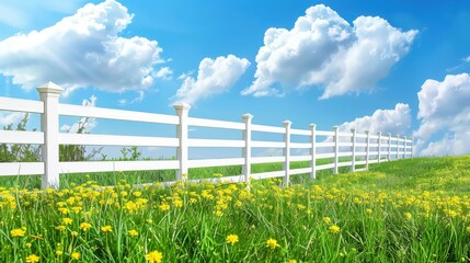 Fototapeta premium Fenced Grassland under Blue Sky .White fence and green grass garden on spring landscape
