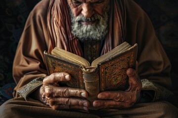 A dignified Islamic scholar or religious leader is depicted holding a Quran, symbolizing wisdom and devotion. The intricate turban and serene expression convey a sense of authority and spirituality.