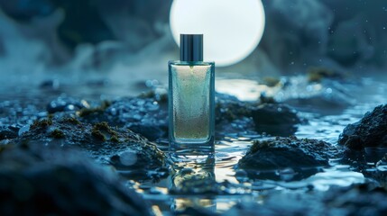 Product photography scene with a bottle of Green perfume placed on a dark grey rocky water surface  " ai generated "
