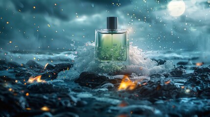 Product photography scene with a bottle of Green perfume placed on a dark grey rocky water surface  " ai generated "
