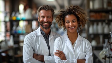 Two healthcare professionals, a male and a female doctor, wearing white lab coats, collaborate in a laboratory setting.