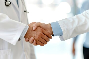 Close-up of doctors shaking hands, symbolizing professional agreement and partnership.