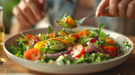 Delicious salad, fat-reducing meal, healthy diet, light diet, cherry tomato vegetable salad dressing, body management diet
