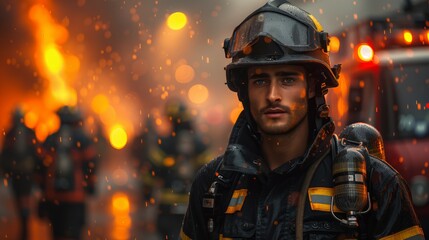 A close-up portrait of a firefighter wearing protective helmet and suit against a fiery background