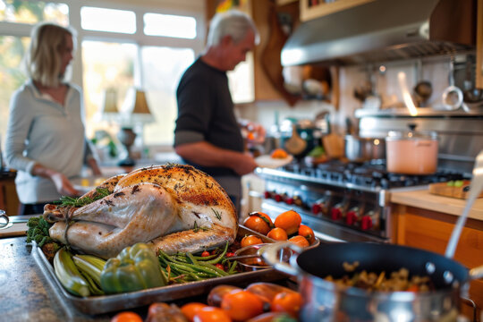 Roasted turkey with vegetables on kitchen counter, senior couple preparing thanksgiving dinner in the background - Powered by Adobe
