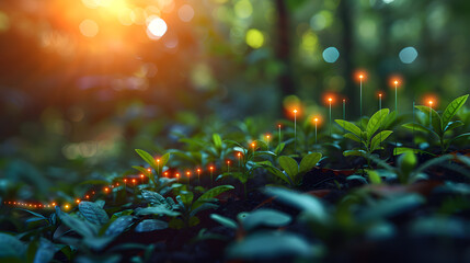 Enchanting forest with glowing lights, vibrant green leaves, and sun rays creating a magical atmosphere. Perfect nature and fantasy scenery.