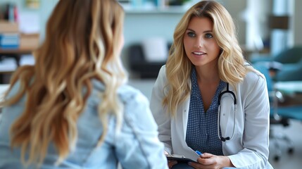 Fototapeta premium A healthcare professional with a stethoscope communicates with a patient during a medical consultation.