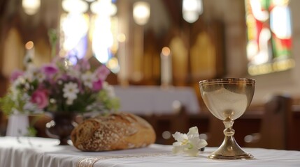Golden cup Sacred Chalice with bread on table : Symbol of Holy Communion