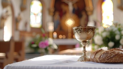 Obraz premium Golden cup Sacred Chalice with bread on table : Symbol of Holy Communion