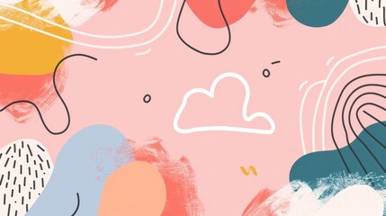 Whimsical abstract pattern with playful lines and a cloud shape on a soft pink background.